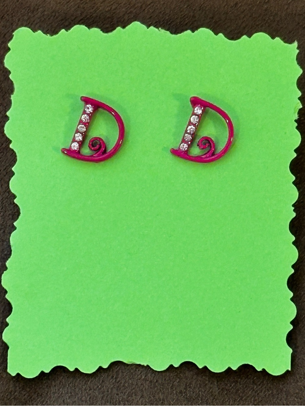 Letter “D” Pink Stud Earrings with rhinestone/ crystal accents Womens Jewelry